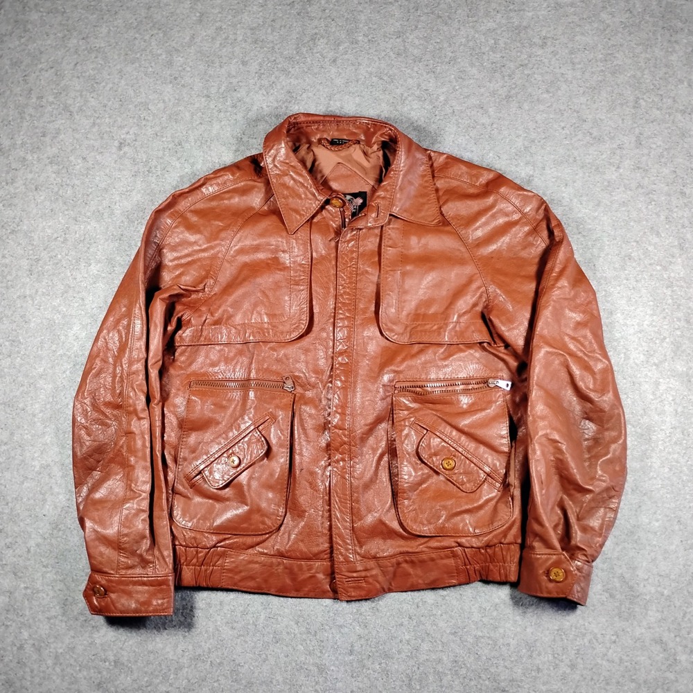 Vintage Coverage Mens‎ Cognac Brown Leather Bomber Jacket Size 42 Multi Pocket